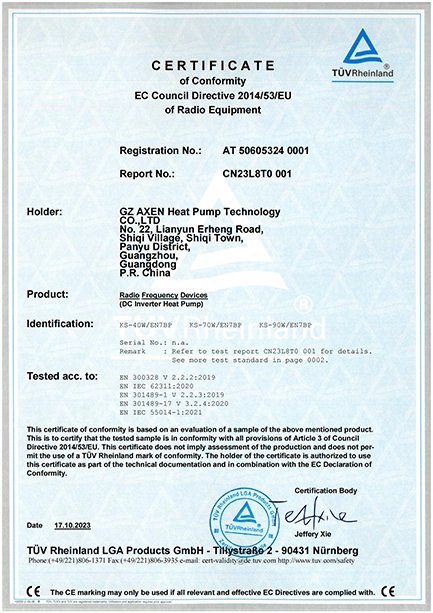 CERTIFICATE of Conformity EC Council Directive 2014/53/EU of Radio Equipment